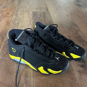 Kids Jordan 14 Retro Basketball Shoes Black/Yellow Size 6Y